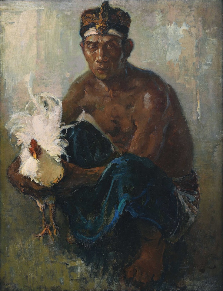 Balinese Man with Fighting Cockerel by Lee Man Fong