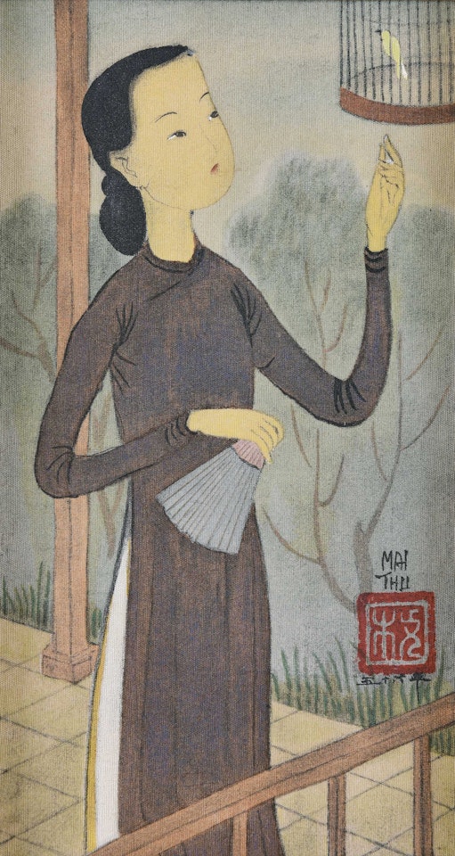 Femme à l'Éventail et à l'Oiseau (Lady with a Fan and a Bird) by Mai Trung Thu