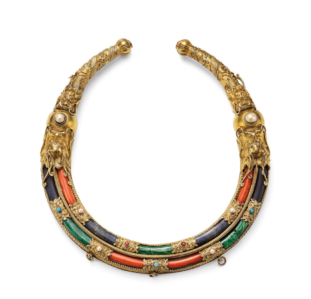 A GILT-METAL PEARL AND PRECIOUS STONE-INSET NECKLACE by Anonymous