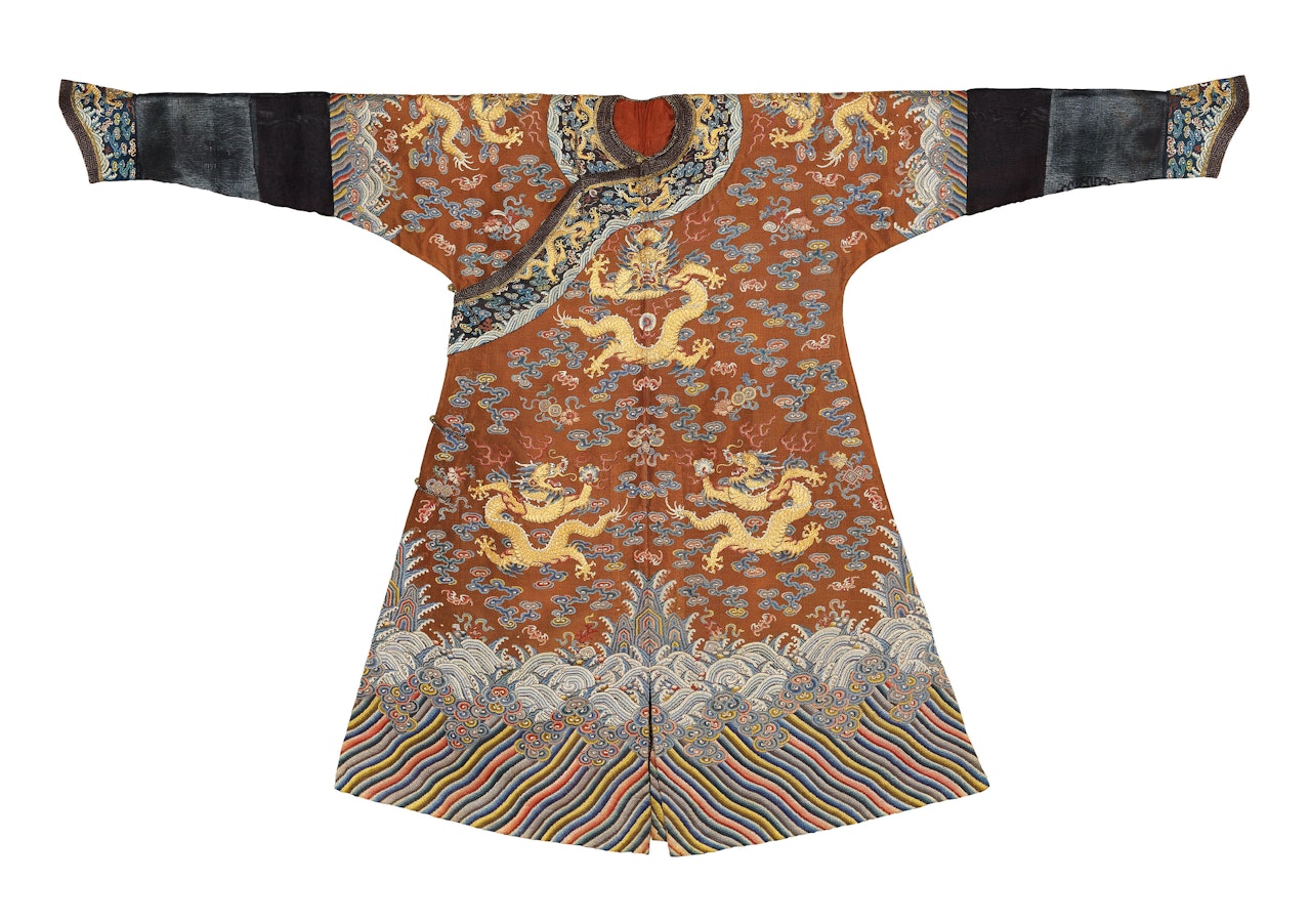 A RARE CHESTNUT EMBROIDERED GAUZE DRAGON ROBE FOR AN IMPERIAL PRINCE by Anonymous