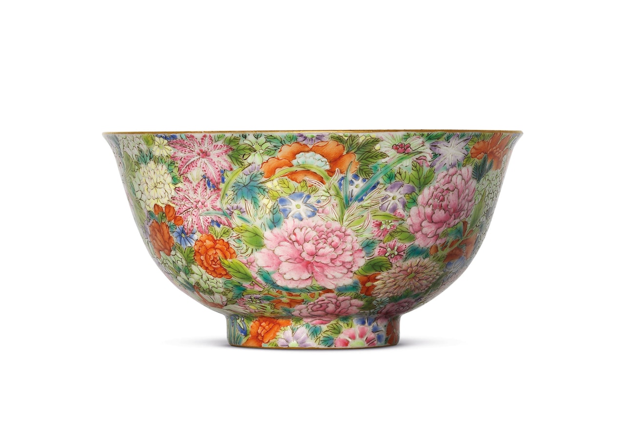 A FINE AND RARE FAMILLE ROSE MILLEFLEURS BOWL by Anonymous