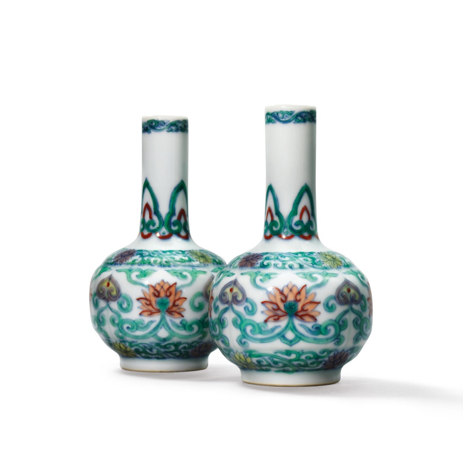 AN EXCEPTIONALLY FINE AND RARE PAIR OF DOUCAI ‘LOTUS’ SMALL LOBED VASES by Anonymous
