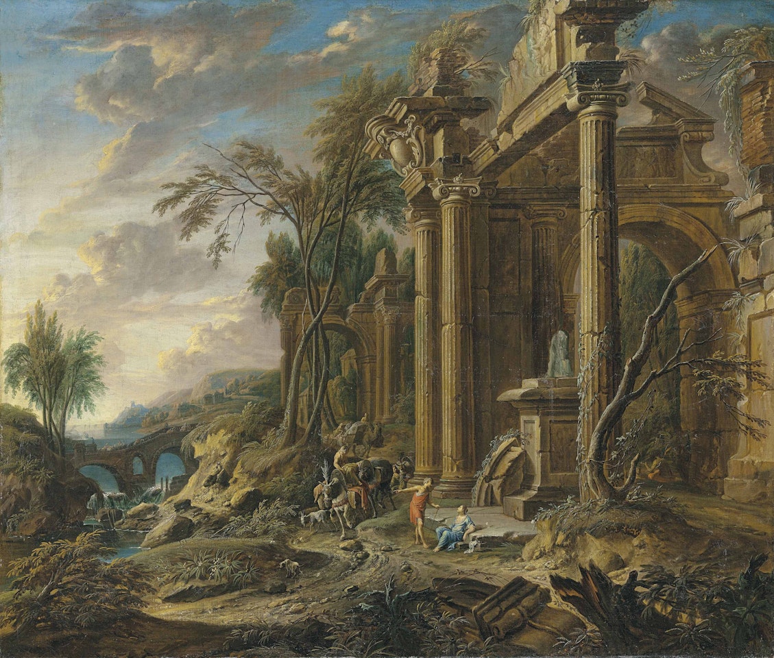 An Italianate landscape with travellers resting by ruins, a bridge beyond by Roman School