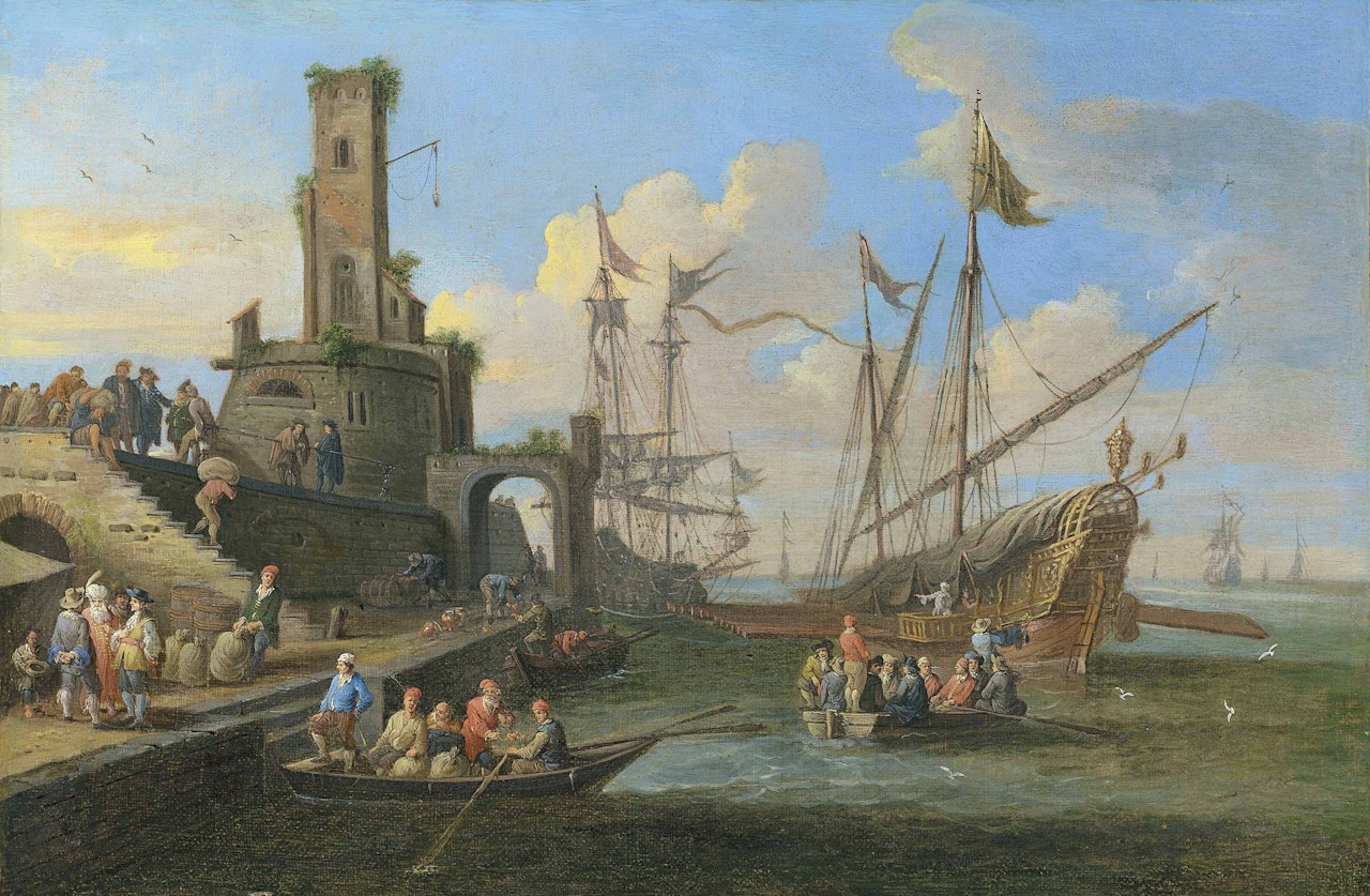 A Mediterranean harbour scene by Pieter Bout