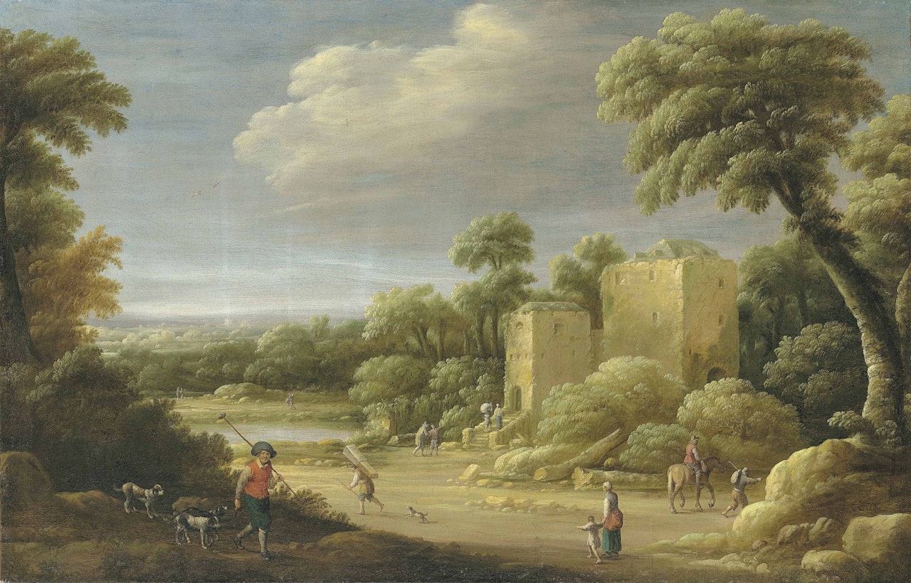 An extensive wooded landscape with townsfolk by a villa by Joost Cornelisz Droochsloot
