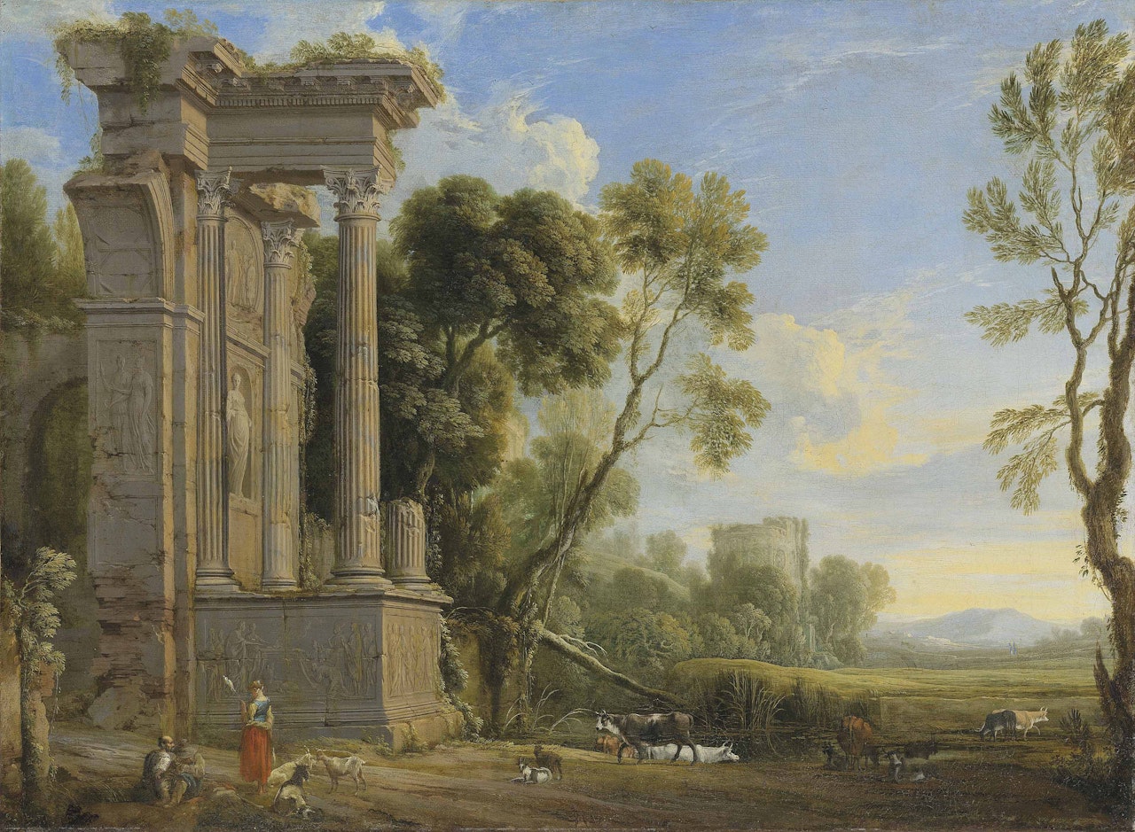 An Italianate river landscape with figures resting by ruins with their herd by Pierre Patel