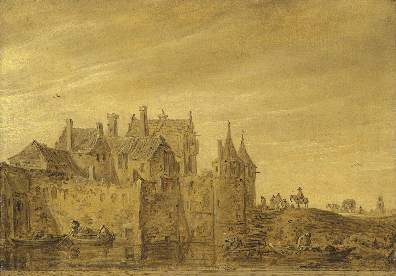 A view of a city gate, possibly the Oostpoort in Delft by Jan van Goyen