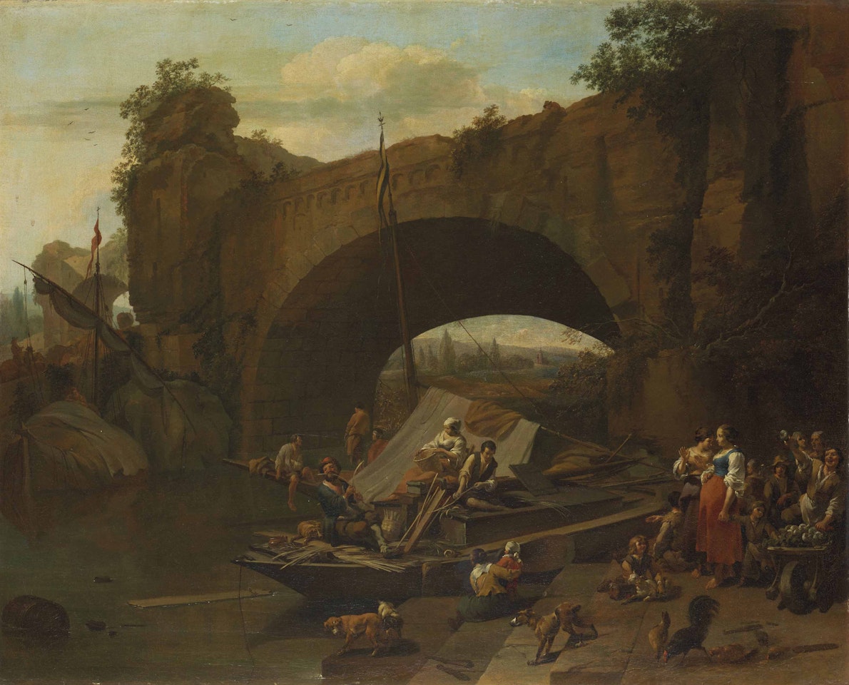 Figures under a bridge in an Italianate river landscape by Nicolaes Pietersz Berchem