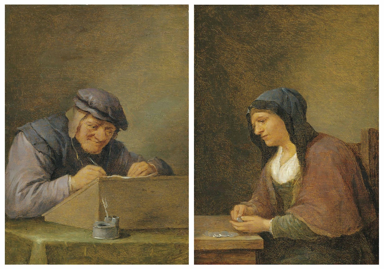A tax collector writing; and A woman counting money by David Teniers II