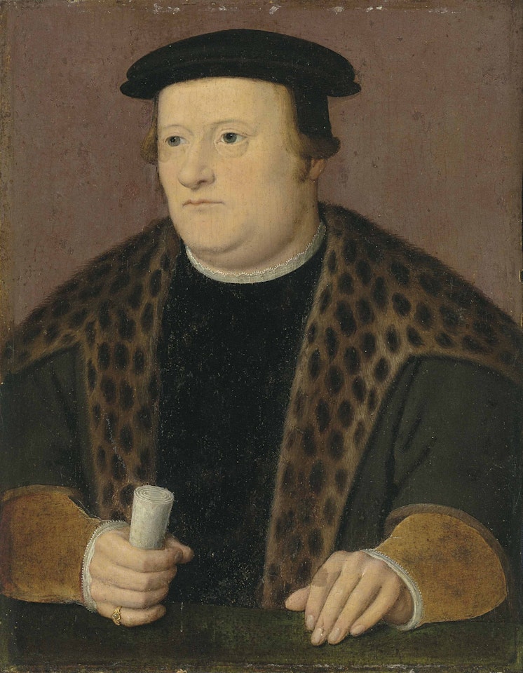 Portrait of a gentleman, half-length, in a fur lined coat by German School