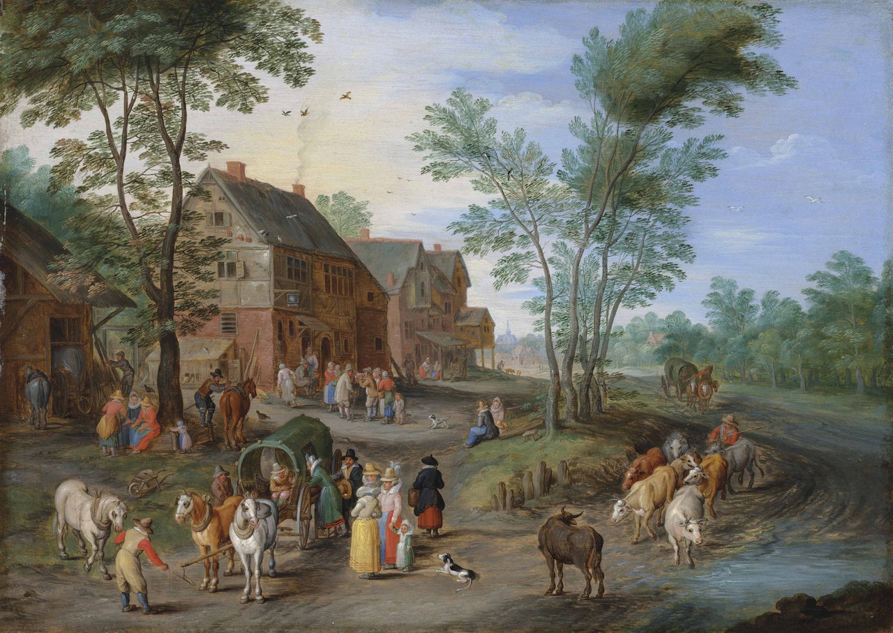A village landscape with figures and cattle on a path by Jan Brueghel the Younger
