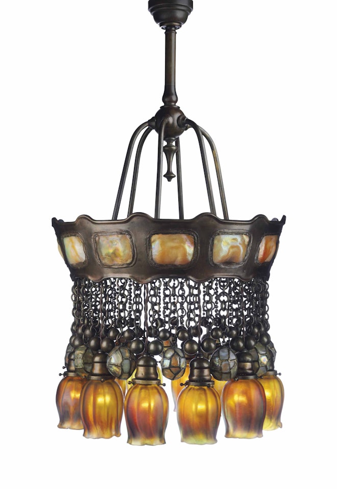 A TWELVE-LIGHT TURTLEBACK TILE MOORISH CHANDELIER by Tiffany Studios