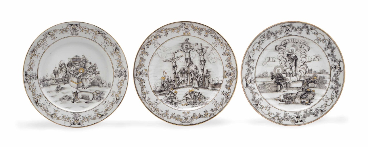 THREE GRISAILLE AND GILT BIBLICAL PLATES by Anonymous