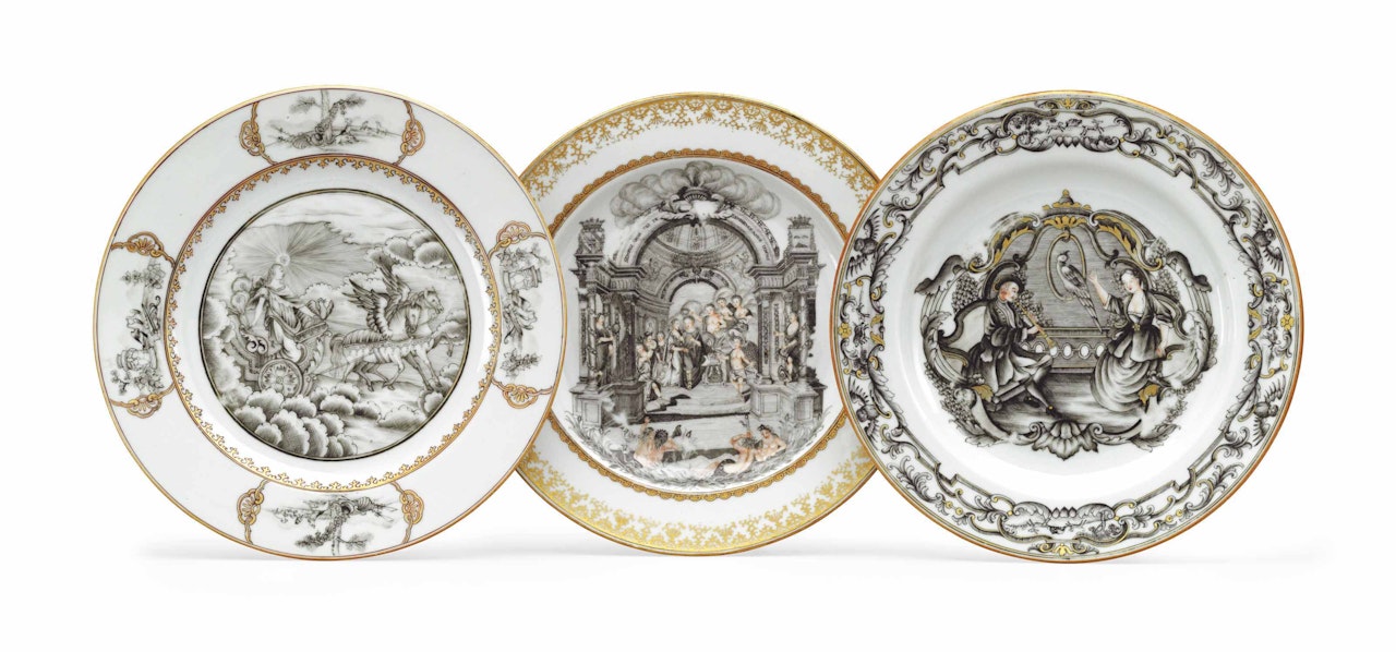THREE GRISAILLE AND GILT EUROPEAN SUBJECT PLATES by Anonymous
