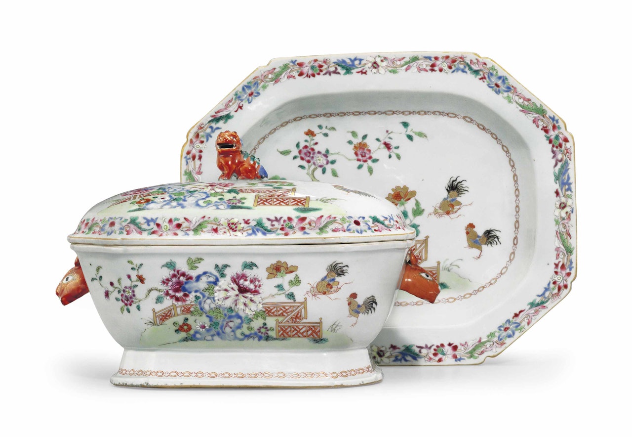 A FAMILLE ROSE COCKEREL TUREEN, COVER AND STAND by Anonymous
