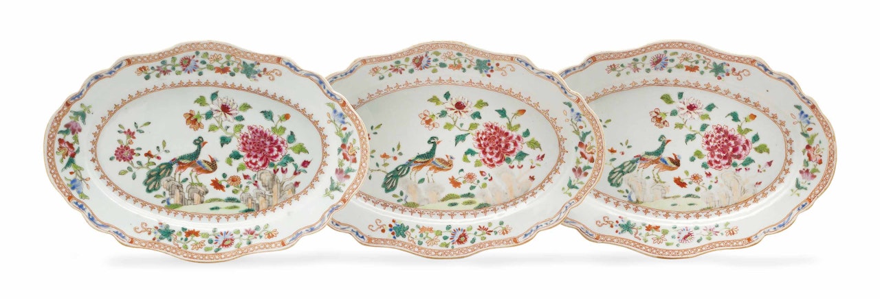 A SET OF THREE OVAL DOUBLE PEACOCK DISHES by Anonymous