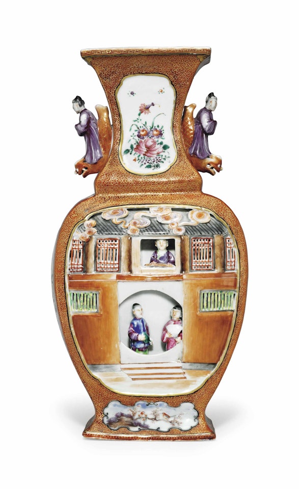 AN UNUSUAL MOLDED AND RETICULATED FAMILLE ROSE VASE by Anonymous