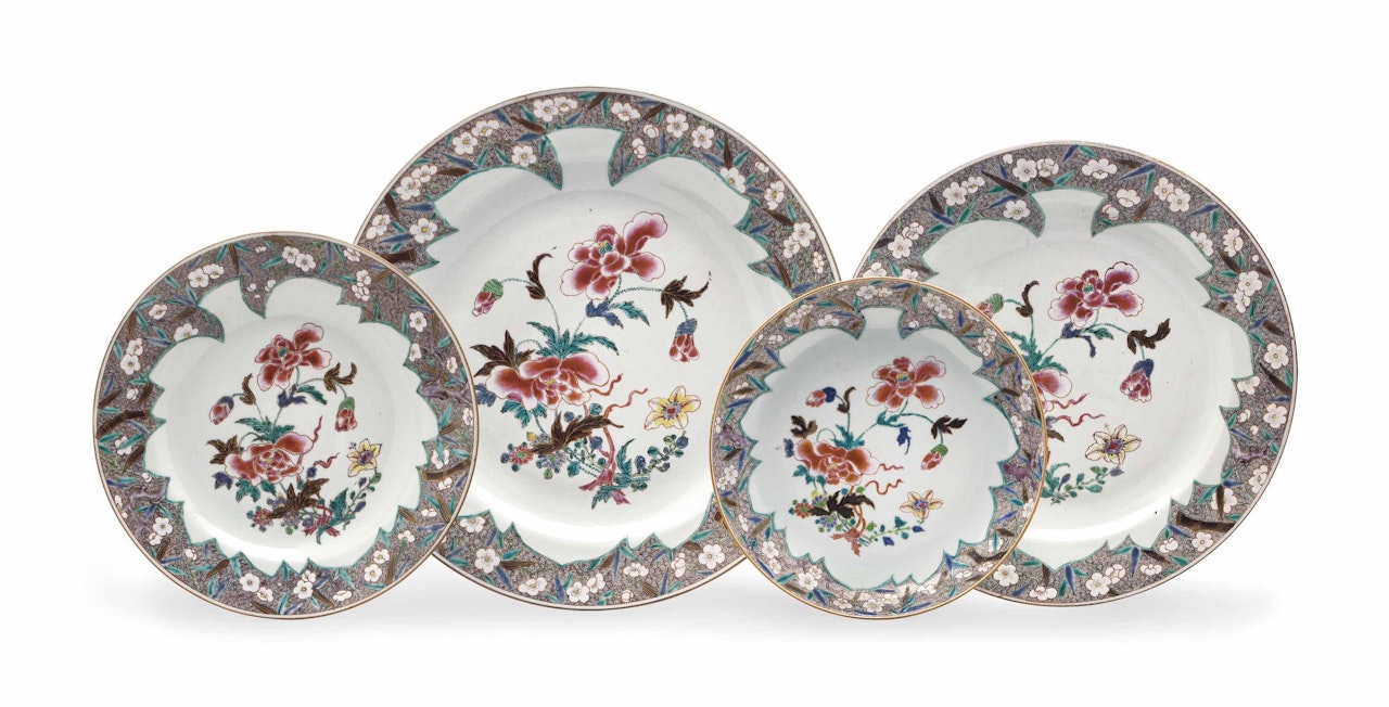 A SET OF FOUR FAMILLE ROSE AND SEPIA DISHES by Anonymous
