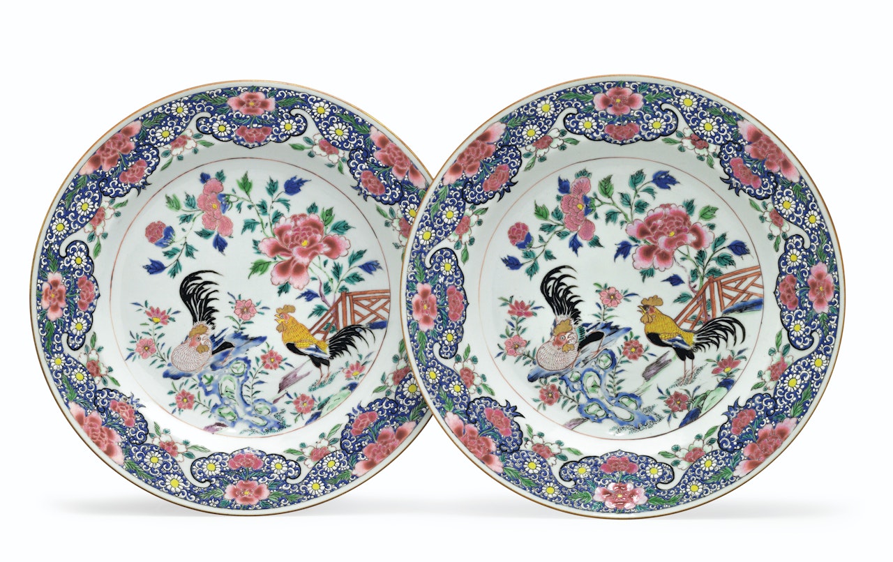 A PAIR OF FAMILLE ROSE COCKEREL DISHES by Anonymous