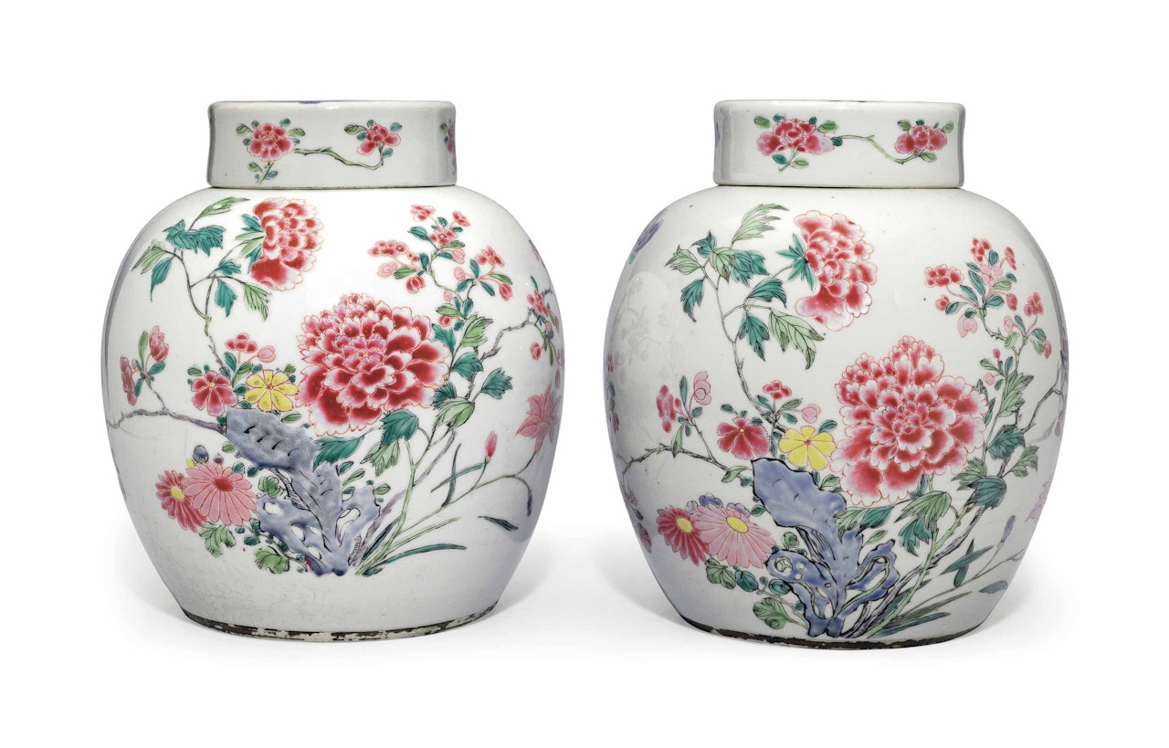 A PAIR OF FAMILLE ROSE GINGER JARS AND COVERS by Anonymous