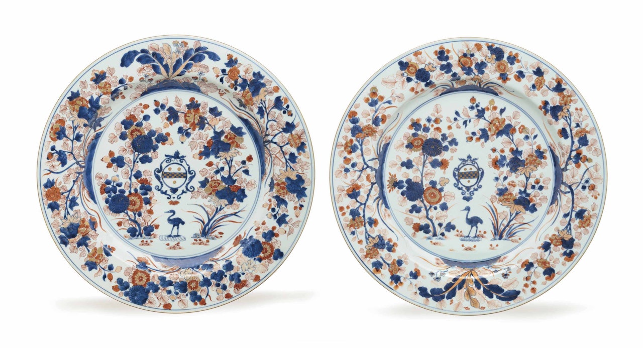 A VERY LARGE PAIR OF CHINESE IMARI ARMORIAL DISHES by Anonymous