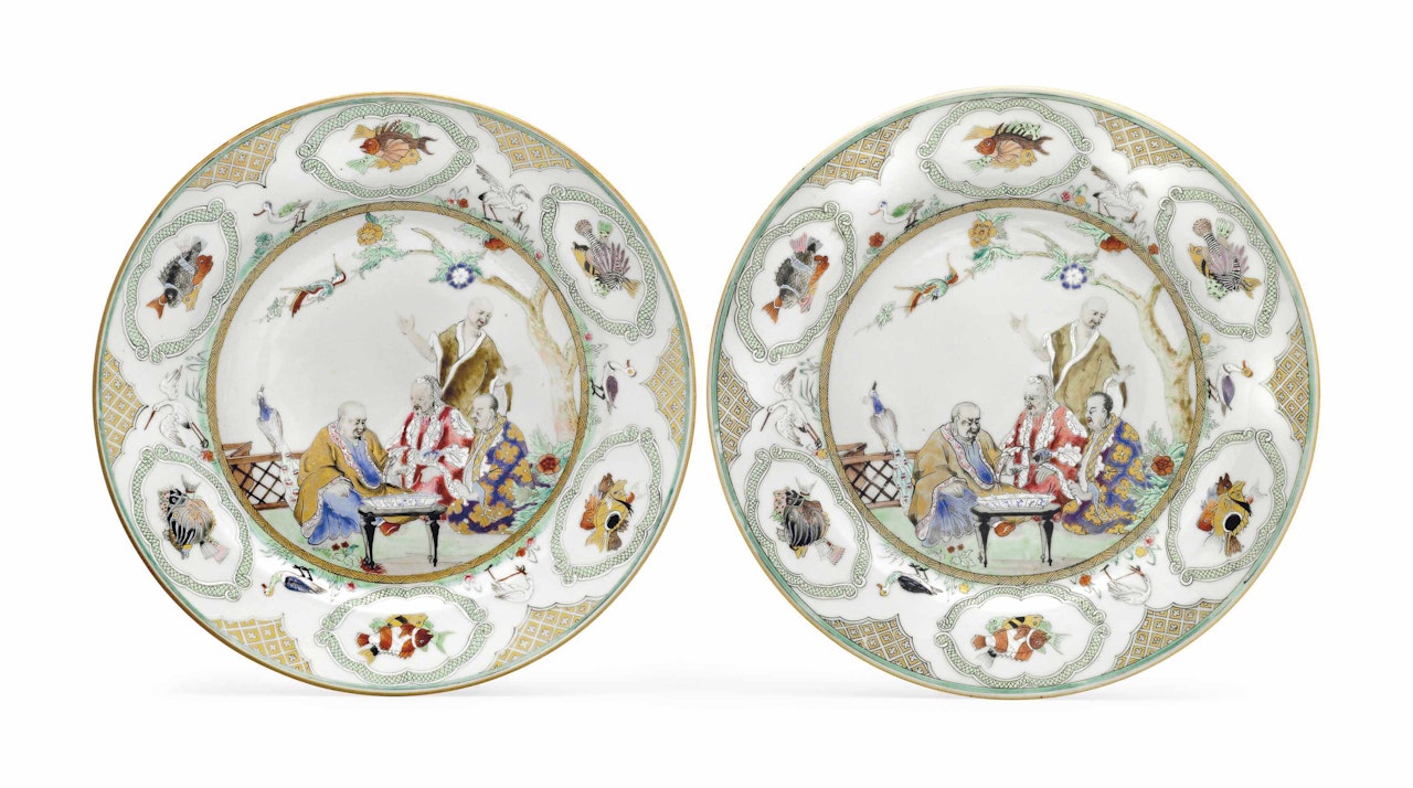 A PAIR OF FAMILLE ROSE 'PRONK DOCTORS' DISHES by Anonymous
