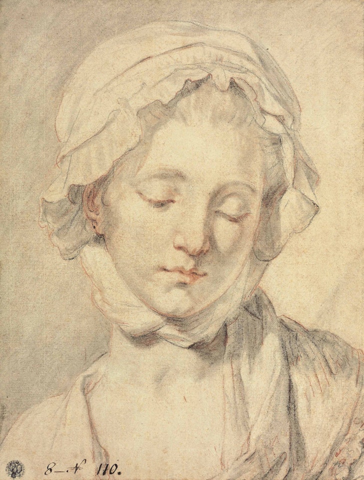 Head of a girl with her eyes downcast (study for 'The marriage contract') by Jean-Baptiste Greuze