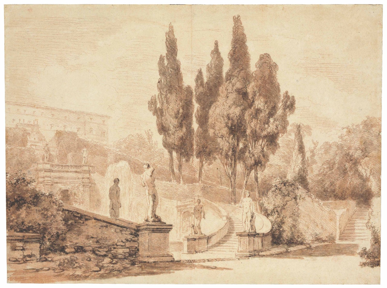 View of the double staircase of the Fountain of Dragons at Villa d'Este, Tivoli by Jean-Honoré Fragonard