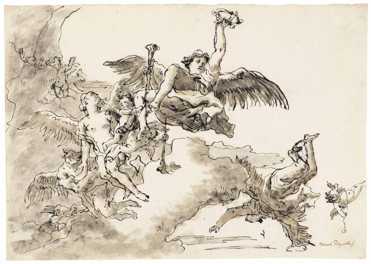 Fame with angels and putti in the sky by Giovanni Domenico Tiepolo
