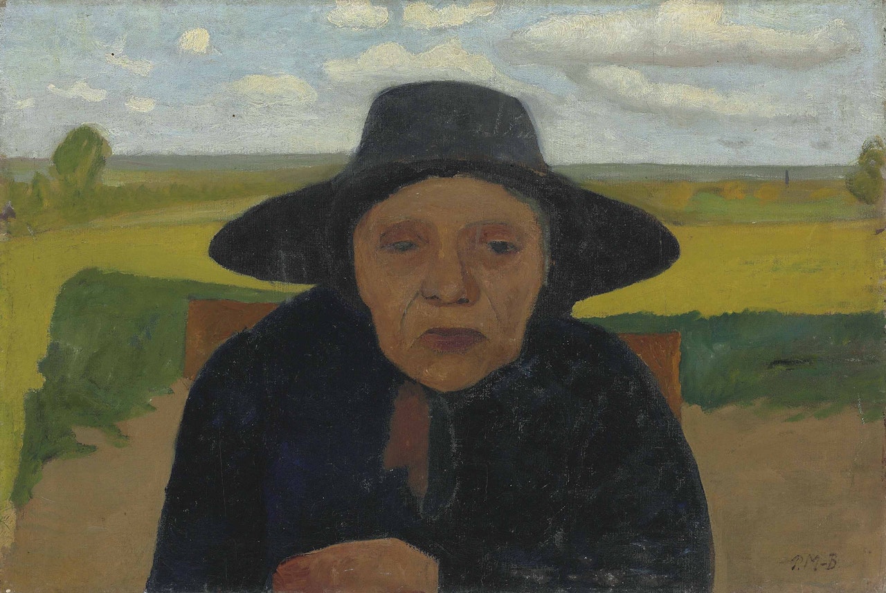 Brustbild einer alten Bäuerin mit Hut vor Landschaft by Paula Modersohn-Becker