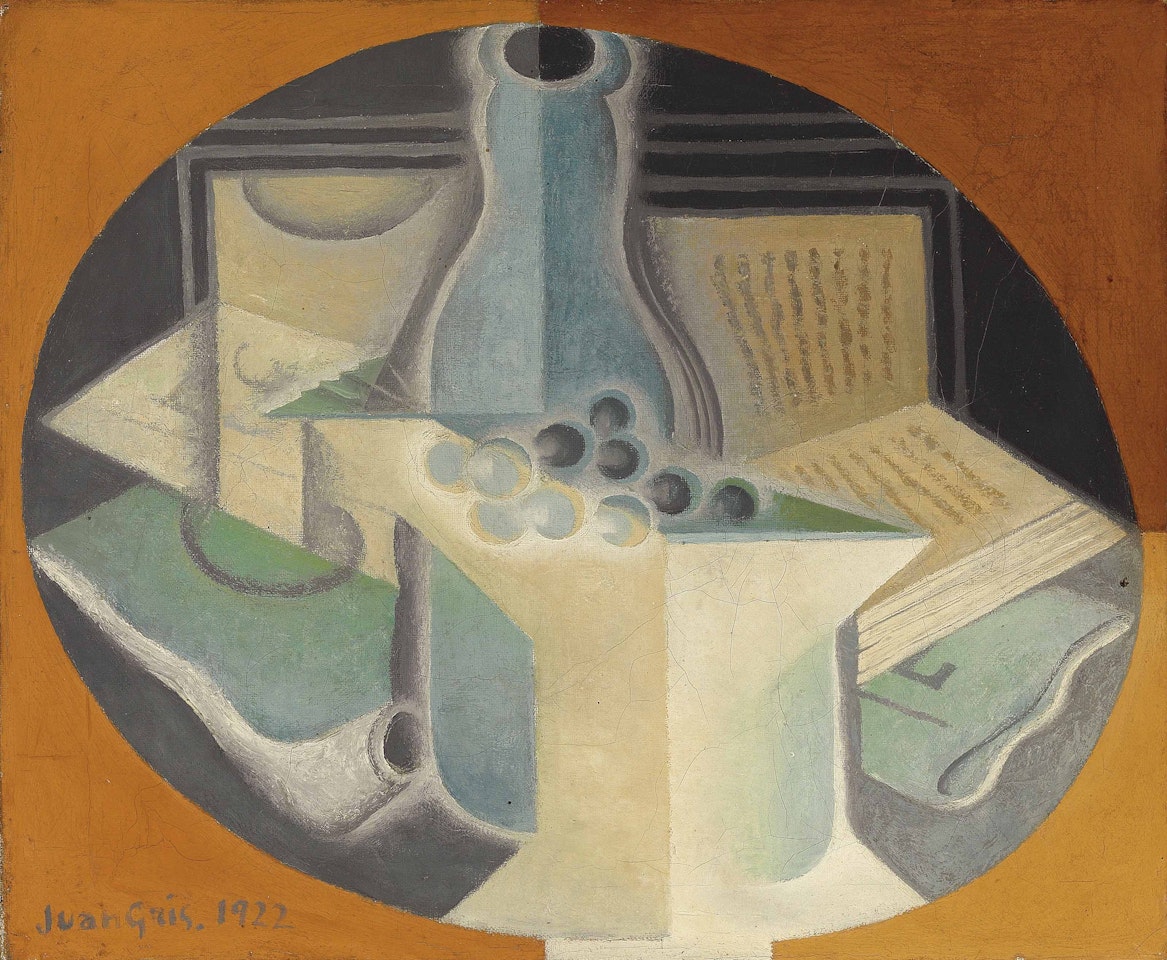 Raisins, carafe et livre by Juan Gris