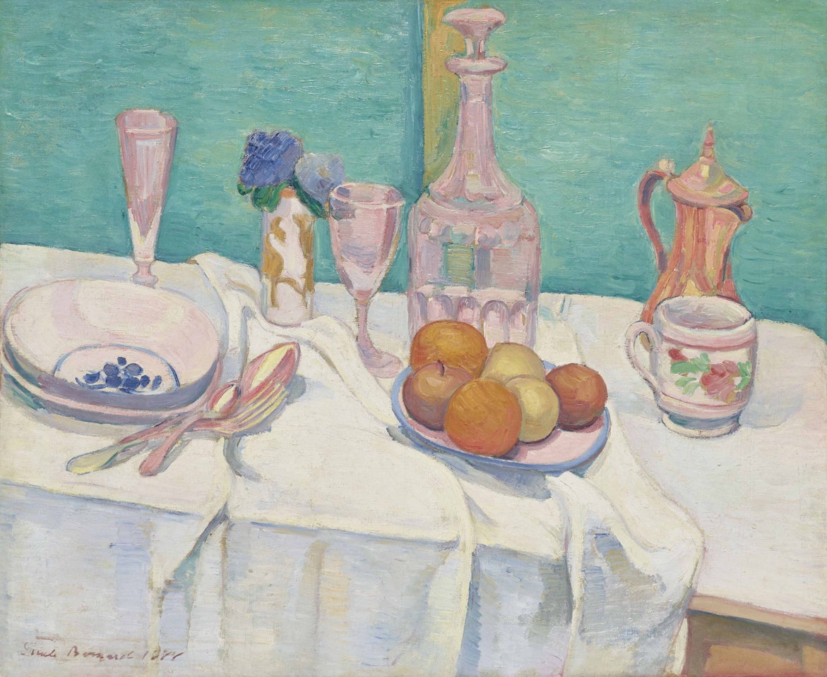 Nature morte aux carafe, verres, fruits, pot d'etain sur une nappe by Emile Bernard