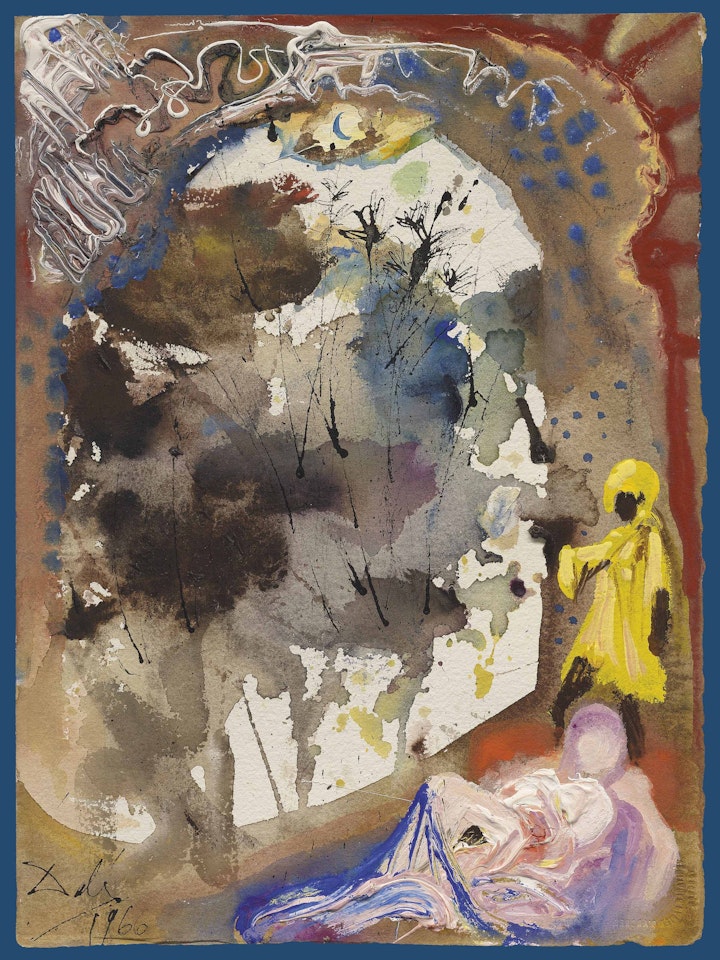 La fenêtre de véranda avec oiseaux noirs et deux figures by Salvador Dali