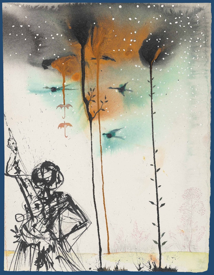 Figure noire d'arabe, arbres parapluies et faisans by Salvador Dali