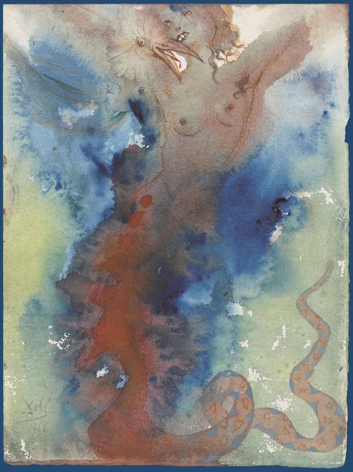Oiseau serpente picorant une femme nue sur fond bleu by Salvador Dali