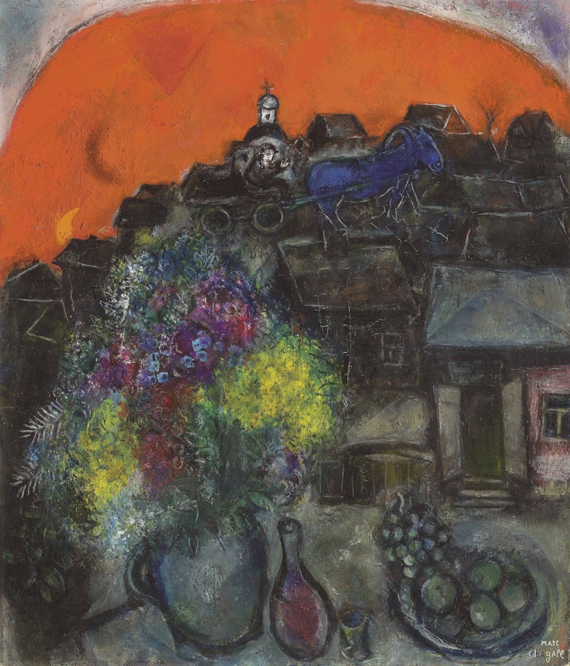 Village noir au ciel rouge by Marc Chagall