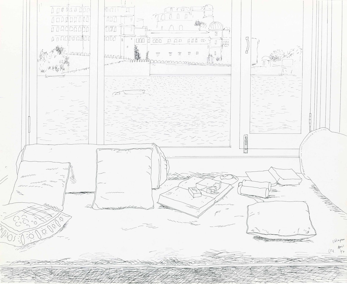 View of Lake Palace Hotel, Udaipur by David Hockney