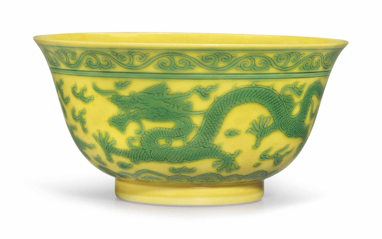 A GREEN AND YELLOW-ENAMELED INCISED 'DRAGON' BOWL by Anonymous