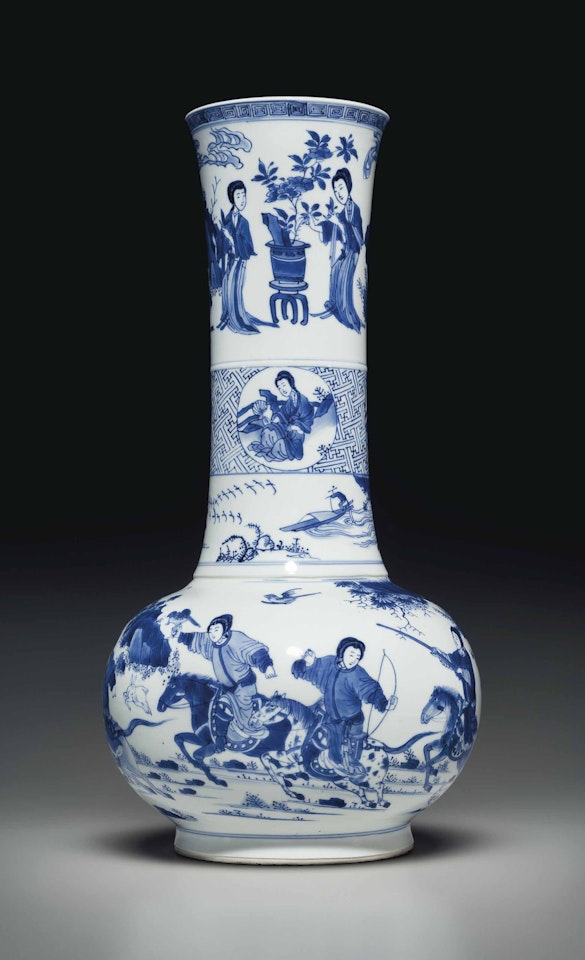 A RARE BLUE AND WHITE 'HUNTING SCENE' BOTTLE VASE by Anonymous