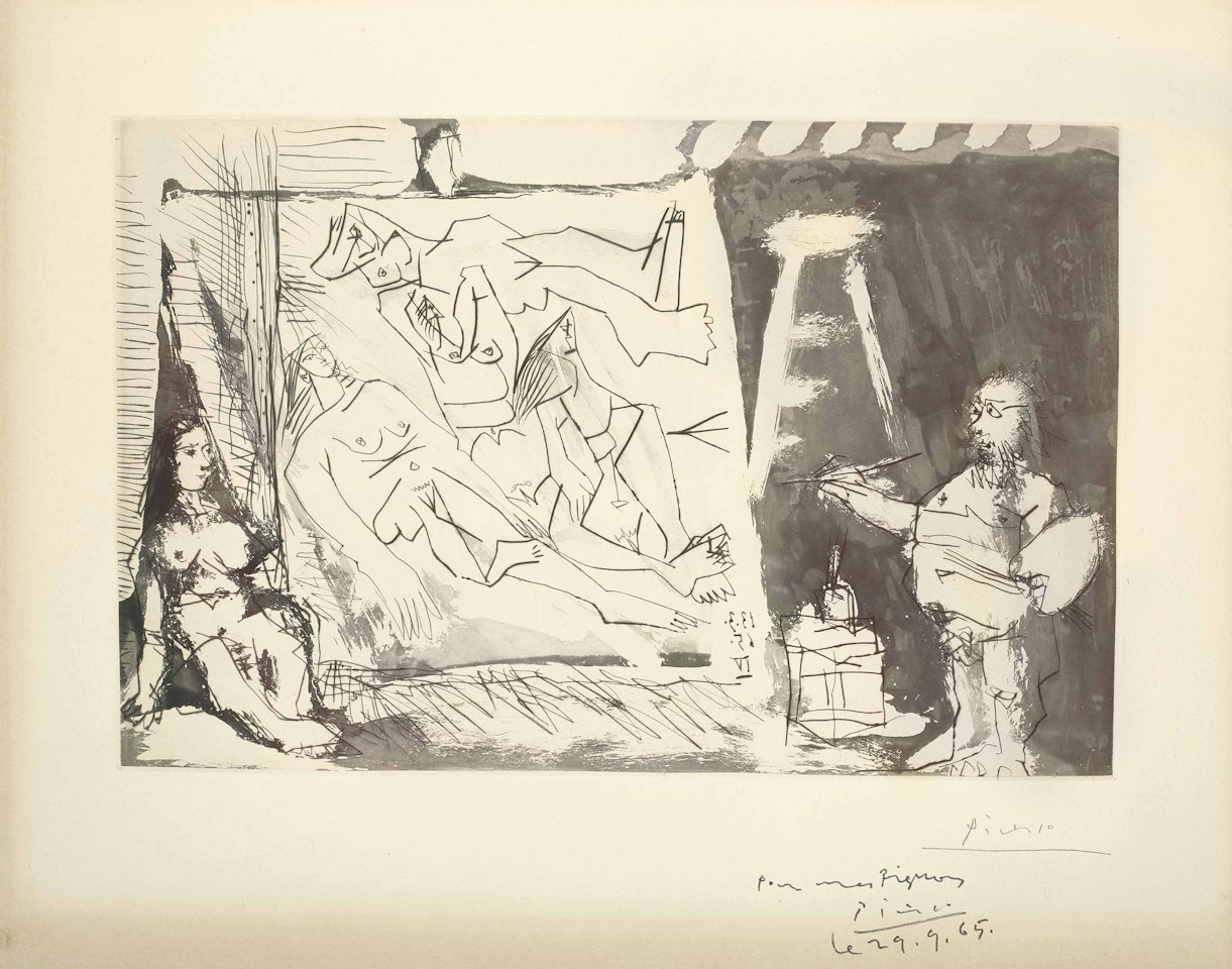 Dans l'Atelier: Peintre et sa toile avec un modèle assis by Pablo Picasso