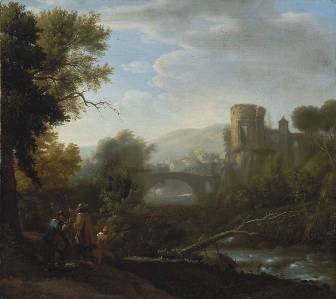 A landscape with Tivoli and the Temple of Vesta, hunters and an artist sketching in the foreground by Claude Lorrain
