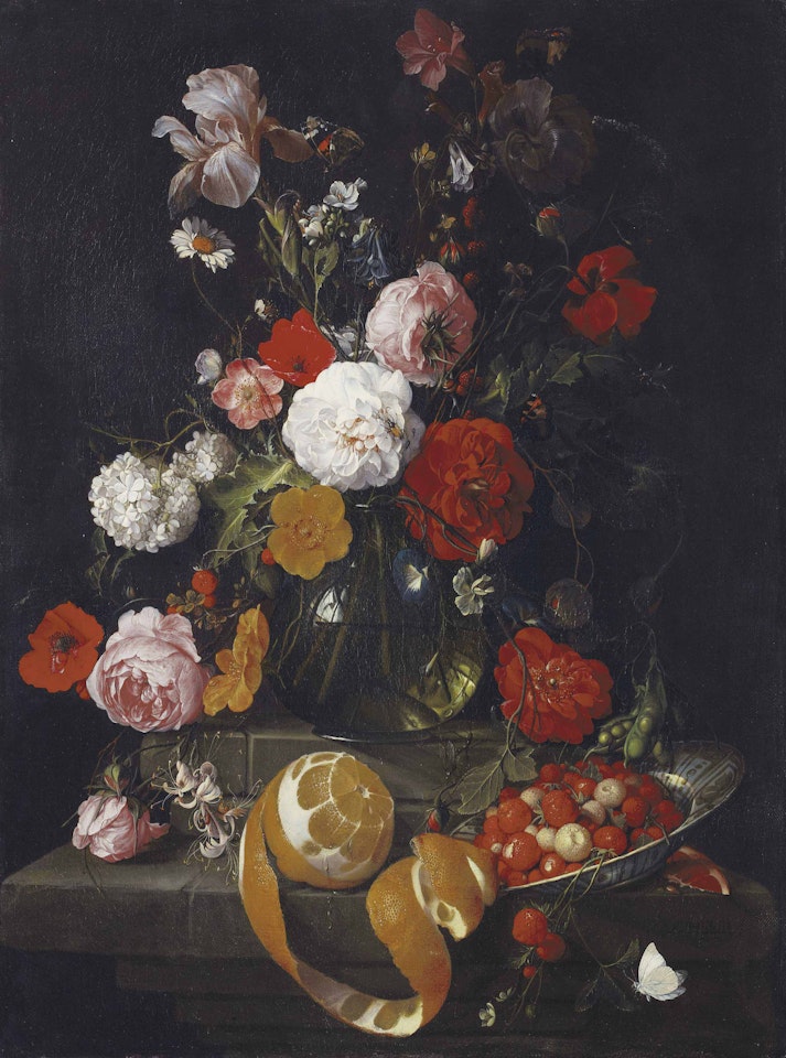 Roses, poppies, lillies and other flowers in a glass vase on a stone shelf, a peeled orange and raspberries in a Wan Li bowl on a stone ledge below by Cornelis de Heem