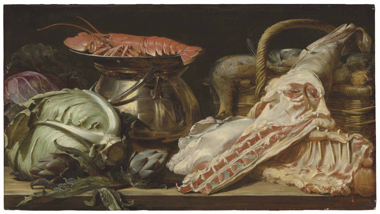 Meat and game in a basket, with cabbage, artichokes, a brass pot and a lobster in a pewter dish, on a wooden ledge by Frans Snyders