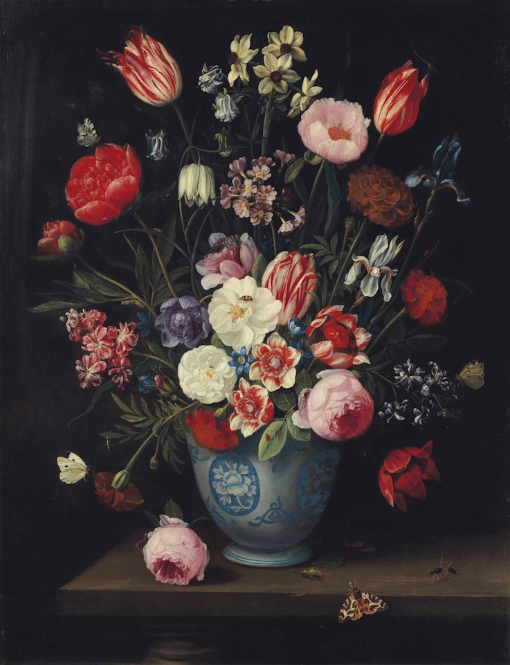 Roses, tulips, carnations an iris and other flowers in a Chinese transitional blue and white jardiniere with moths and other insects on a ledge by Jan Van Kessel The Elder