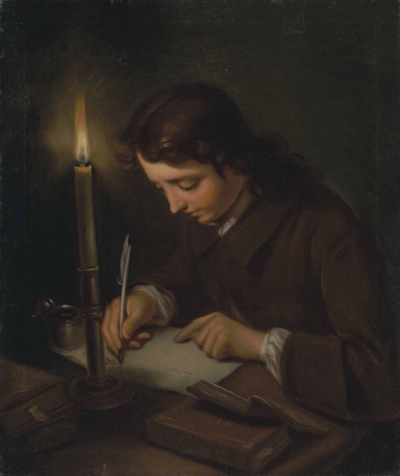 A boy writing by candlelight by French School