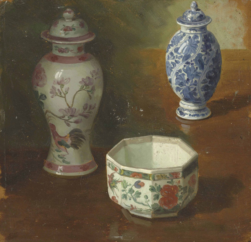 Porcelain on a table, recto and verso by French School