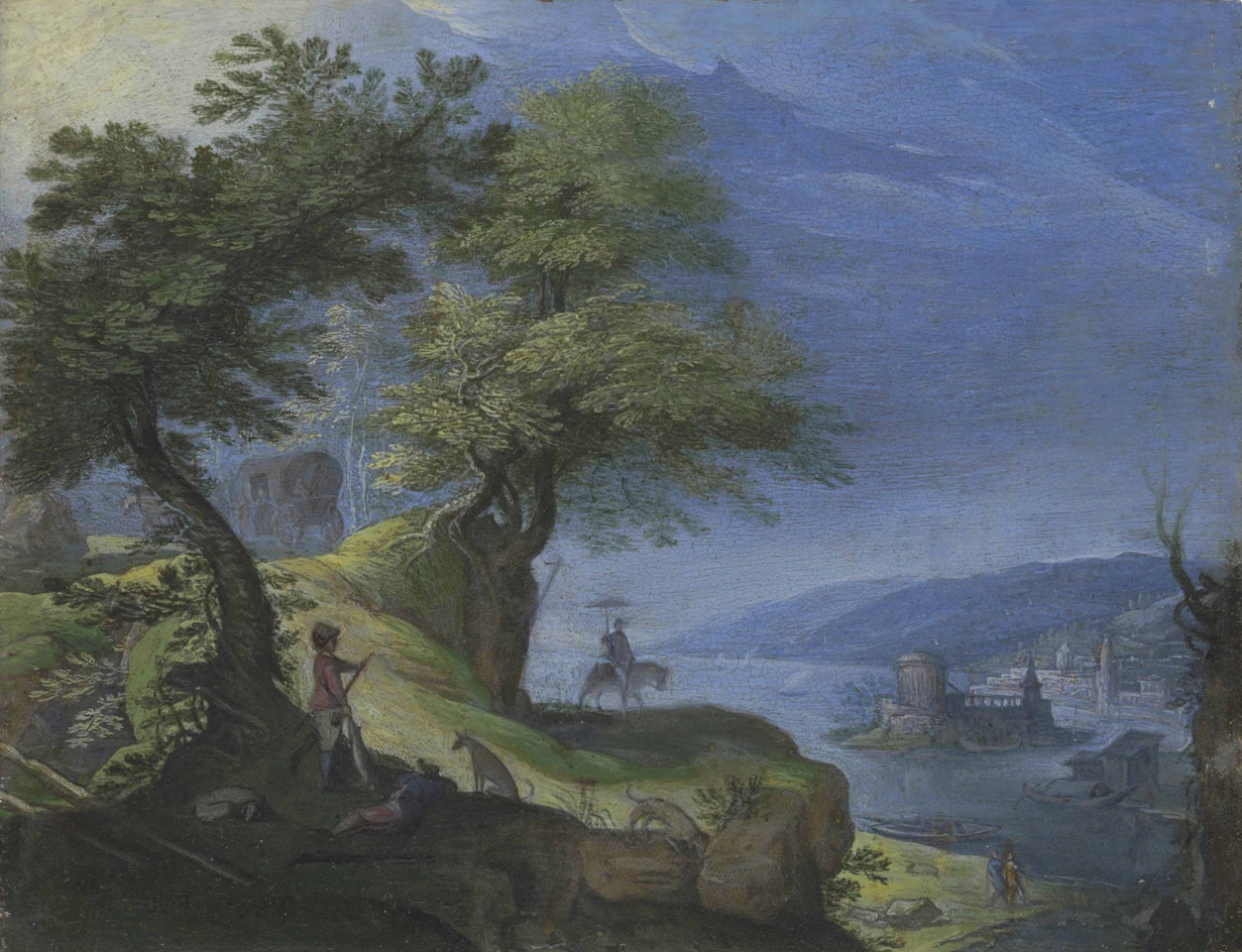 A landscape with hunters and other figures by Flemish School