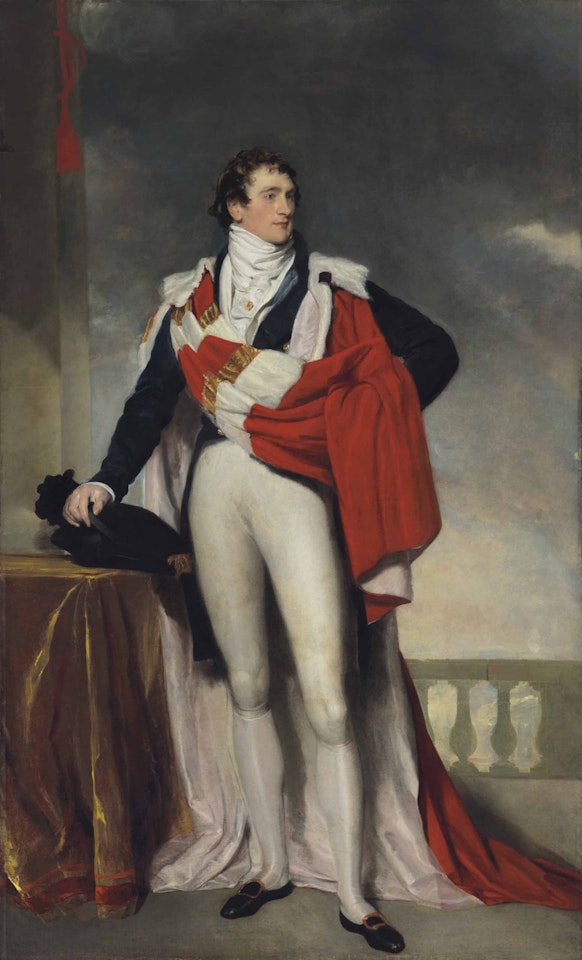 Portrait of Charles Gardiner, 1st Earl of Blessington (1782-1829), full-length, in coronation robes, by a draped table and balustrade by Sir Thomas Lawrence