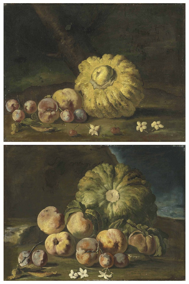 Melons, peaches and plums; and A melon, peaches, plums and cherries, on a forest floor by Michele Pace del Campidoglio