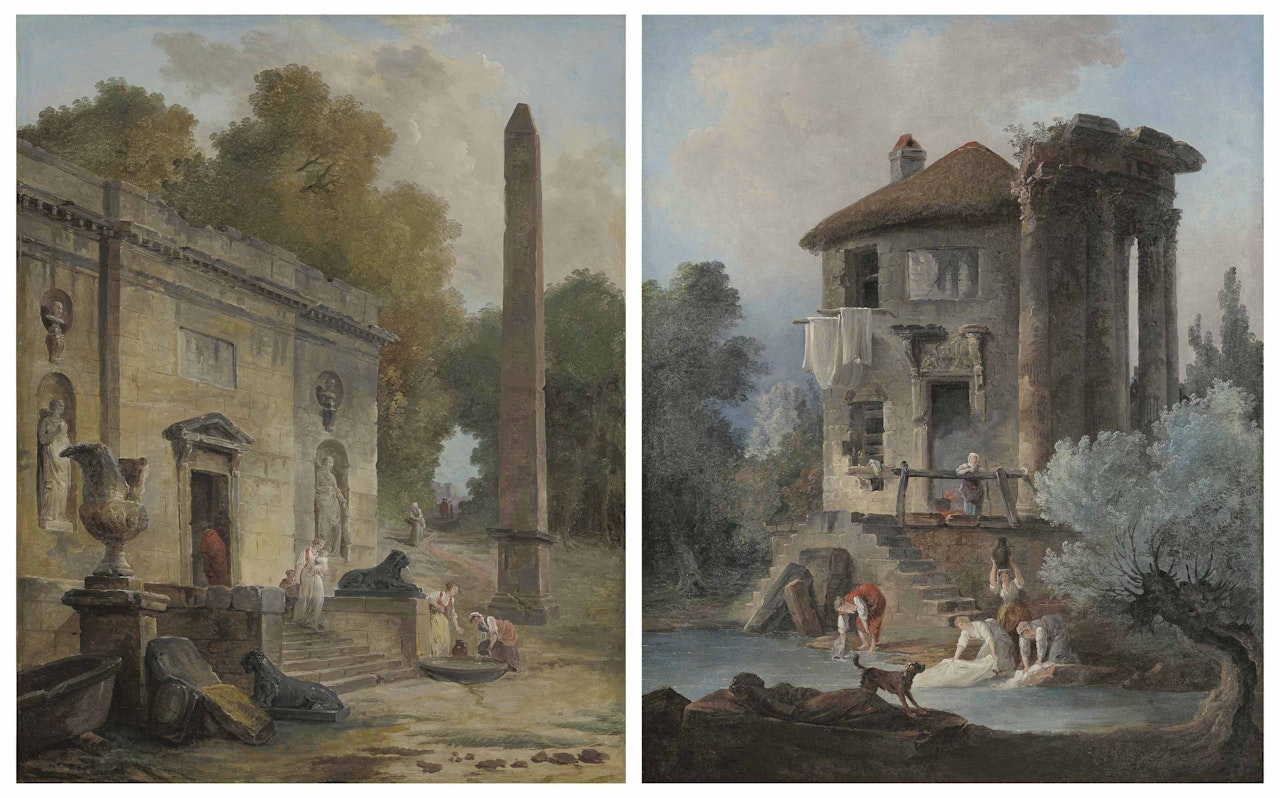 Capriccio of an obelisk and a ruined classical building with figures; and Capriccio of a washerwomen and a dog by Hubert Robert